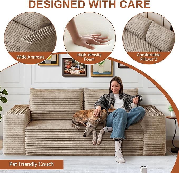 71 Corduroy Loveseat Sofa 3-Seater Cloud Couch Boneless Couch in a Box Comfy Deep Seat Sofa with Memory Foam Pillows and Wide Armrests Modern Small Couches for Small Spaces No Assembly