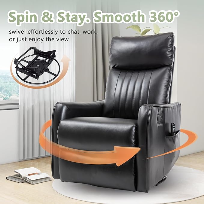 cinkehome Heated Massage Swivel Rocker Recliner Chair for Nursery - Small Space Reclining Chair with Lumbar Support 360° Swivel &amp Gentle Rocking Ergonomic High Back Faux Leather Black