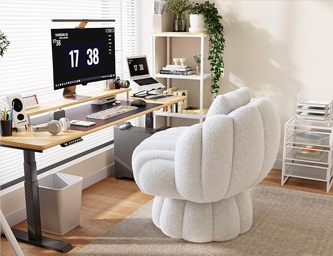 Mid Century Modern 360 Degree Barrel Swivel Accent Vanity ChairFluffy Sherpa Fabric Lounge Wide Upholstered Pumpkin Reading Chair Round Cloud Armchair for Living RoomBedroomVanity(Beige)