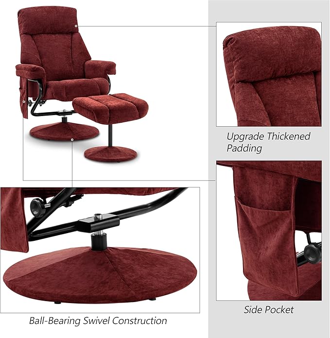 MCombo Swivel Recliner with Ottoman TV Chair with Vibration Massage Ideal for RV Small Space Living Room &amp Bedroom 4828 (Textile Burgundy)