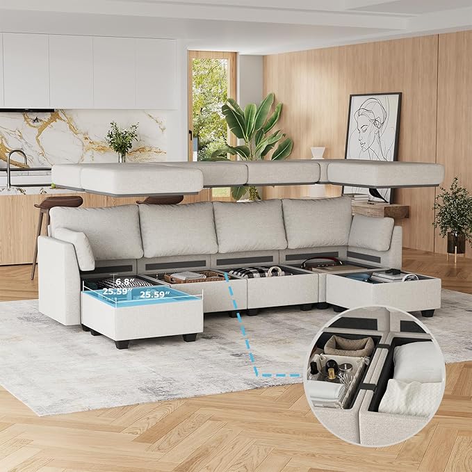 114.17 Modular Sectional Sofa 6 Seat Sectional Couches with Storage Memory Foam Convertible Modular Couch for Living Room U Shaped Comfy Modular Sofa with Chaise Light Grey