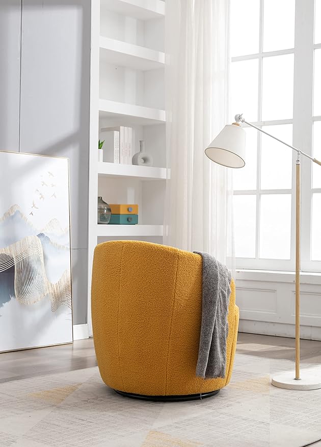 Swivel Barrel Chair Modern Teddy Fabric Swivel Accent Armchair Comfy Round Club Chairs Sofa Arm Chair for Living Room Bedroom Reading Room Apartment Hotel Office Nursery Lounge（Yellow）