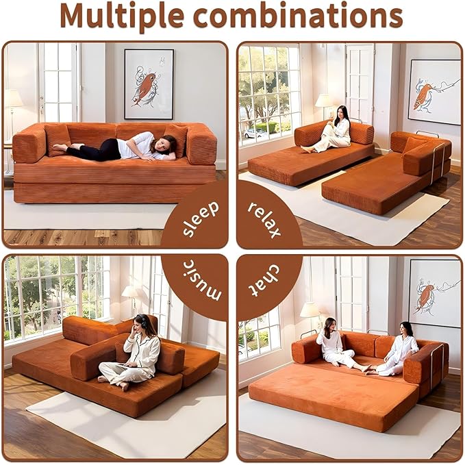 79 Inch Convertible Sofa Bed Couch in Box 5 in 1 Folding Modular Boneless Couch with Pull Out Bed 2 Pillows Soft Corduroy Floor Futon Lounge Loveseat Sleeper Lazy Cama No Assembly Orange