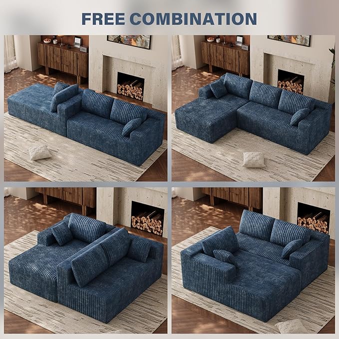 103 Boneless Couches for Living Room Comfy L Shaped Sectional Couches Modern Modular Sofa Cloud Fluffy Corduroy Couch with Deep Seat Left Facing Chaise No Assembly Needed Blue