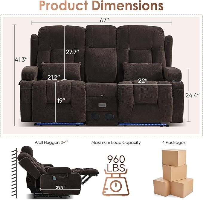 TUNYI Wall Hugger Loveseat Recliner Sofa with Console Power Reclining Loveseat RV Couch with Massage &amp Heat/USB/Outlet/Storage/LED Light/Speaker (Brown)