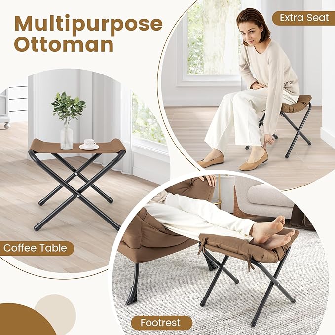 GOFLAME Lazy Chair with Ottoman Modern Large Accent Chair with Folding Footrest Head Pillow Armrests and Side Storage Pocket Upholstered Reading Chair for Living Room Bedroom Office (Brown)