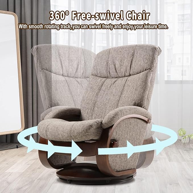 LUCKYERMORE Swivel Recliner Chair with Ottoman Matching Footrest A Whole Solid Wooden Base Memory Foam Filling Easy Assembly 360° Swivel Leisure Lounge Chair for Living Room Bedroom