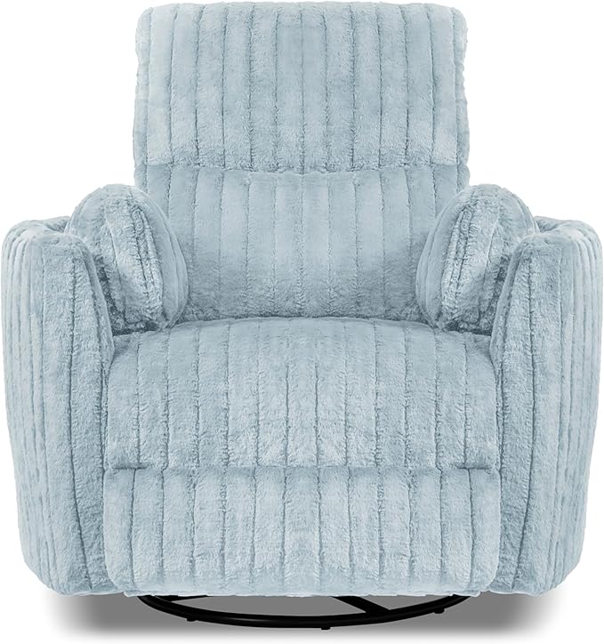 Furniture of America Vyrinor Modern Chenille Power 220° Swivel Recliner Chair with Pillows Reclining Glider Comfy Sofa Wooden Comfortable Couch for Living Room Nursery Home Theater Sky Blue