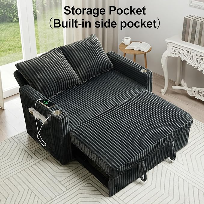 3 in 1 Convertible Sleeper Sofa Bed 53'' Pull Out Couch with Adjustment Backrest Corduroy Loveseat with Side Pockets USB Port for Living Room Bedroom Apartment Gray