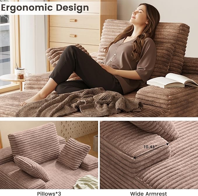 67'' Chaise Lounge Chair Indoor Oversized Boneless Sofa Bed Fluffy Corduroy Sleeper Sofa for Apartment Bedroom Living Room Comfy Cloud Boneless Couch Reading Recliner No Assembly Brown