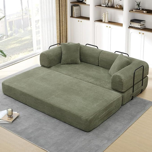 Convertible Folding Sofa Bed Corduroy Sleeper Mattress Couch with Fixed-Shape Frame Free Combination Loveseat Lounge Floor Sofa Queen Size Memory Foam Couch for Living Room Bedroom Light Green