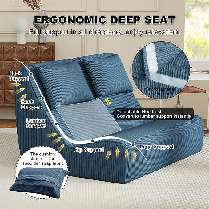 Giant Bean Bag Chair for Adults - Indoor Chaise Lounge with Pillows &amp Ottomans Upholstered Loveseat Floor Sofa Chair for Reading Gaming Napping and Movies (Royal Blue)