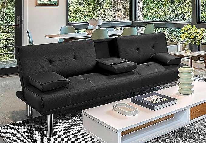 Convertible Futon Sofa BedPU Leather Modern Couch Loveseat Sleeper Folding Daybed Guest Bed Removable Armrests 2 Cup Holders Metal Legs (Black)