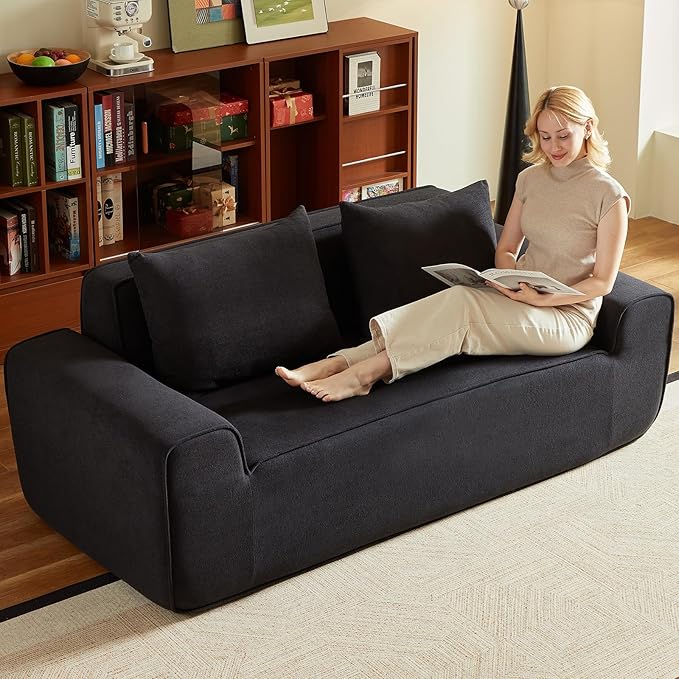 Boneless Couch 3 Seater Foam Sofa 76 Comfy Deep Seat Sofa with 2 Pillows Modern Velvet Cloud Couch for Living Room Apartment Wide Armrests (Black)
