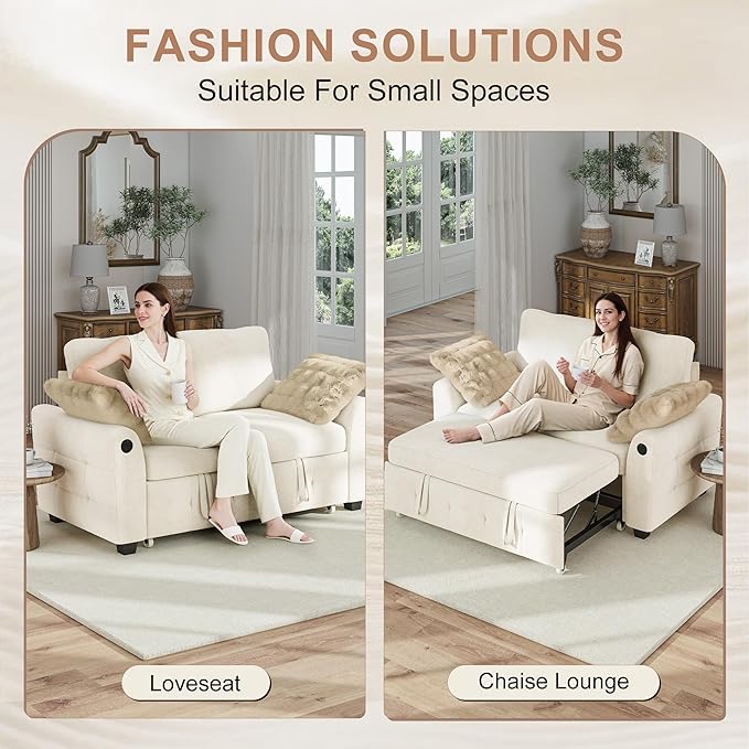 Hanherry 59 Loveseat Sofa with Pull Out Couch Bed Chenille 2-in-1 Convertible 2 Seater Sleeper Sofa with USB ChargingComfy Love Seat for Small Spaces Living Room Apartment