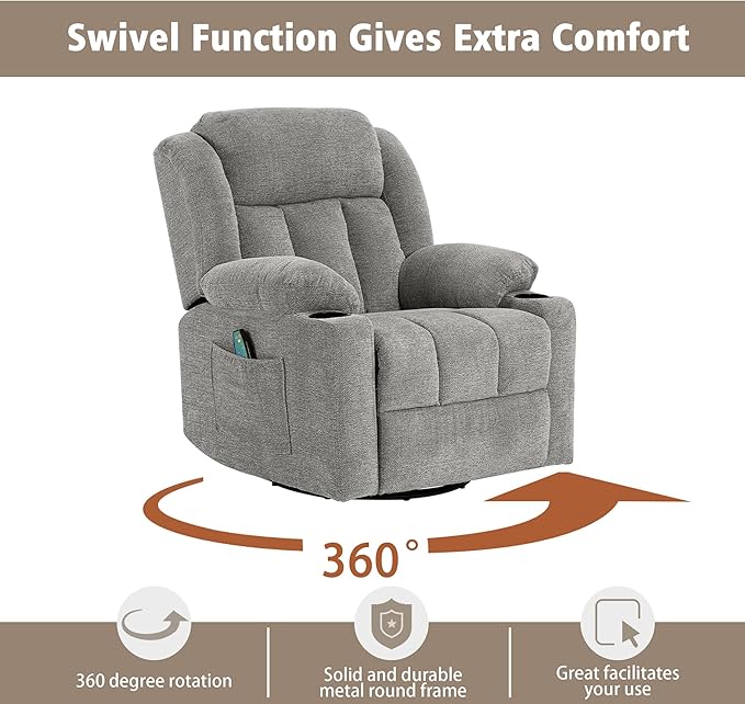 Rocker Swivel Recliner Chair for Adults Overstuffed Large Manual Recliner Glider with Massage and Heat Comfy Soft Fabric Living Room Reclining Sofa Chair (Lime Gray)
