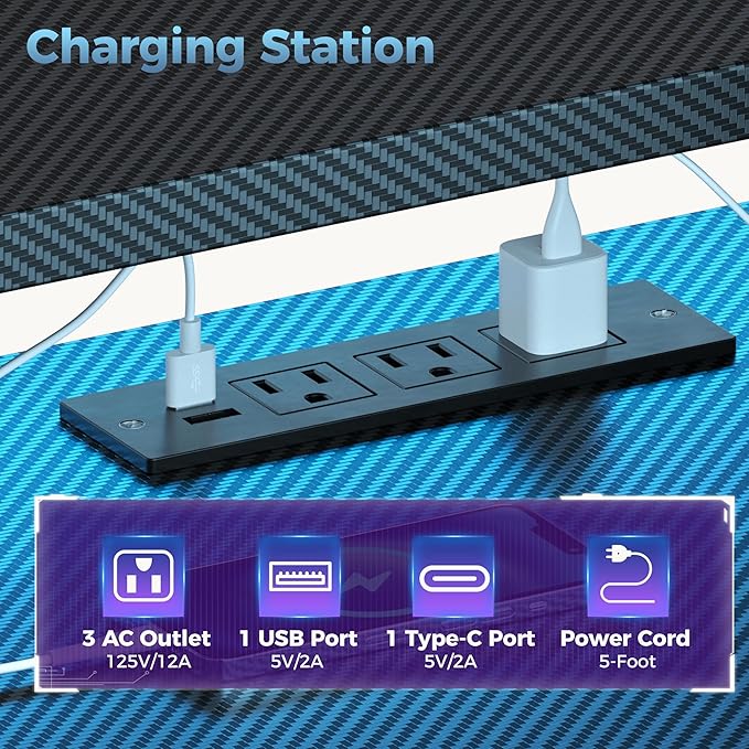NEWBULIG Computer Gaming Desk with USB Charging Ports &amp LED Light 52inch Home Office Desk with Storage Shelves &amp Monitor Stand Work Study Corner Table with Drawer Carbon Fiber Black