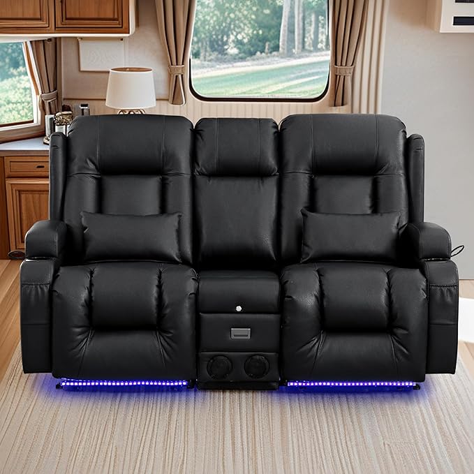 TUNYI Wall Hugger Loveseat Recliner Sofa with Console Power Reclining Loveseat RV Couch with Massage &amp Heat/USB/Outlet/Storage/LED Light/Speaker (Black)