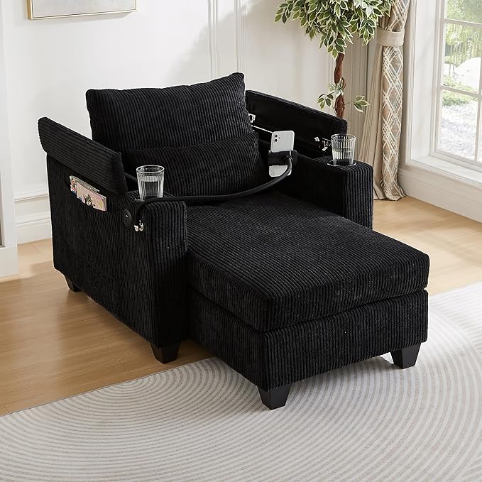 37.4 Versatile Chair Lounge Sleeper Daybed 2-in-1 Flexible Deep Seat Sofa Chair Convertible Recliner Chaise Lounge W/ Storage ArmsUSB PortsCupholdersPhone Holder Pockets for Living Room Bedroom