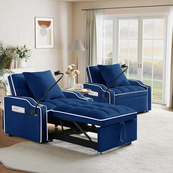 Convertible Sleeper Chair Sofa Bed3 in 1 Velvet Tufted Pull Out Couch with Phone Holder &amp USB PortsFuton Small Couch Bed with Cup Holders &amp Adjustable Backrest for Living RoomSmall Place(Bl