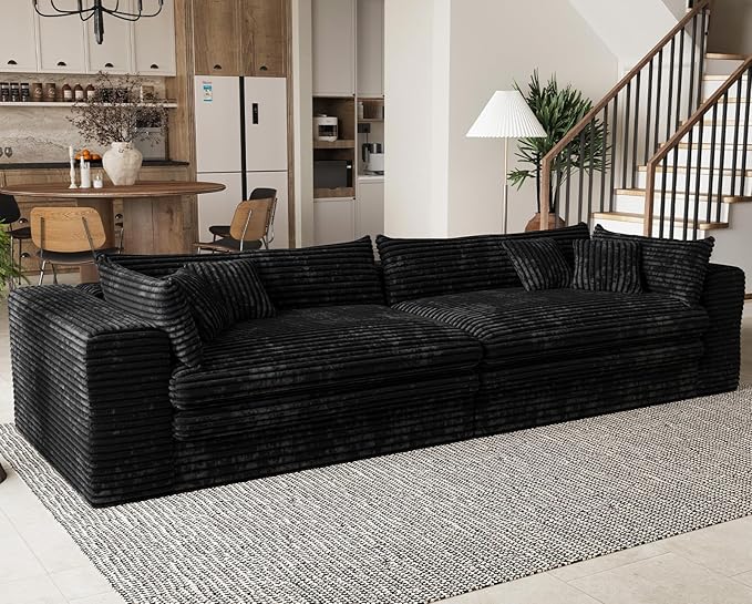 Belffin Plush Corduroy Boneless Cloud Couch with Deep Seat Convertible Sleeper Sofa Bed Cloud Boneless Sectional Couch No Assembly Required. Black Sofa