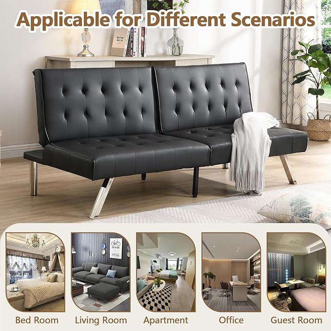 Modern Convertible Futon Sofa Bed Adjustable Loveseat Futon Couch with Metal Legs Upholstered Sofa Bed with Wood Frame Sleeper Couches for Small Compact RV Living RoomOffice (Black-Leather)