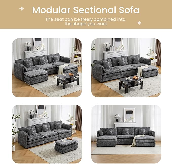 147.8 U Shaped Modular Sectional Sofa Comfy Cloud Couch with Movable Ottoman Deep Seat Modular Sofa Sectional Couches for Living Room Bedroom Apartment (Grey)