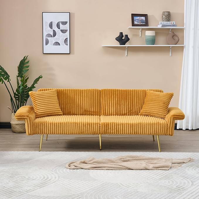 Yellow 79 Convertible Futon Sofa Bed with Adjustable Backrest &amp Armrests Modern Corduroy Folding Loveseat Sleeper Couches with Two Soft Pillows for Living Room Apartment Office (Yellow)