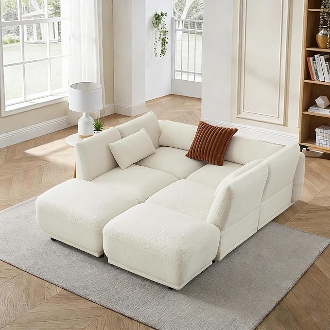 U Shaped Cloud Sectional Convertible L Shaped Couch with Removable OttomansModular Cloud Couch Sectional for Living Room(4 Set + 2 Ottomans - White)
