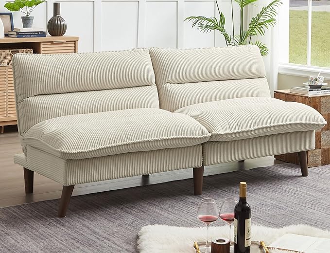 72 Futon Sofa Bed Futon Couch with Adjustable Backrest Recliner Small Loveseat for Living Room Office Apartment Corduroy Loveseat Beige