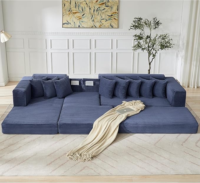 110 L-Shaped Sectional Couch with Chaise Lounge Plush Corduroy Oversized Convertible Floor Sofa Couch with 8 Pillows Modern Deep Seat Boneless Couches for Living Room (Blue 110 + Left Chaise)