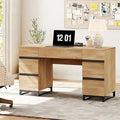 WAMPAT 59 Inch Modern Home Office Desk with Charging Station Wood Computer Writing Desk with 7 Deep Drawers Oak Executive Desk Study Table for Living Room Home Office