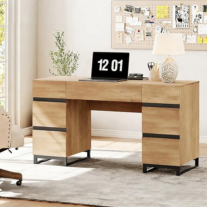WAMPAT 59 Inch Modern Home Office Desk with Charging Station Wood Computer Writing Desk with 7 Deep Drawers Oak Executive Desk Study Table for Living Room Home Office