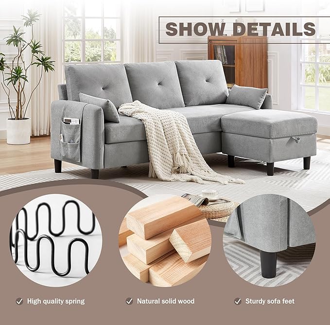 Convertible Sectional Sofa 77 Small L Shaped 3 Seat Couch with Reversible Storage Chaise Modern Polyester Fabric Sofa Couches for Living Room Apartment and Small Space Light Grey