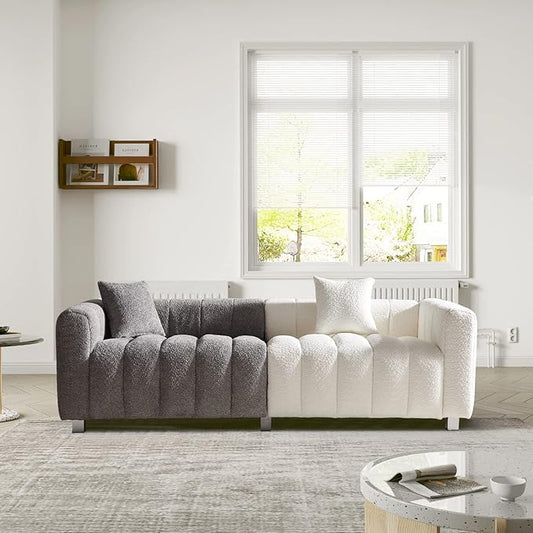 87.4'' Modern 3-Seater Sofa Bubble Couch for Living RoomTeddy Bouclé Velvet Deep Seat Sofa Couch Fluffy Loveseat Sofa with 6 Metal Base Legs for Bedroom/Home/Office(White-Grey)