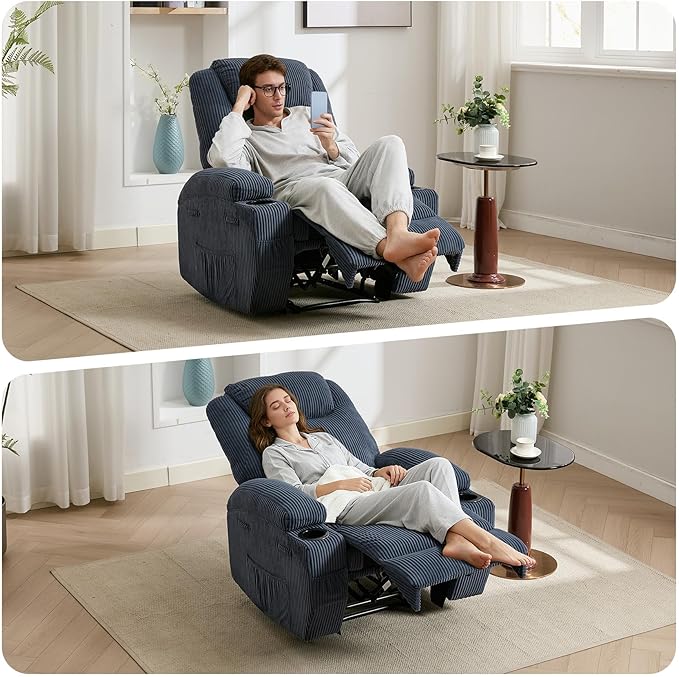 Electric Recliner Chair with Massage and Heat 135° Adjustable Corduroy Single Sofa for Living Room &amp Bedroom Cup Holders &amp Pockets(Blue)