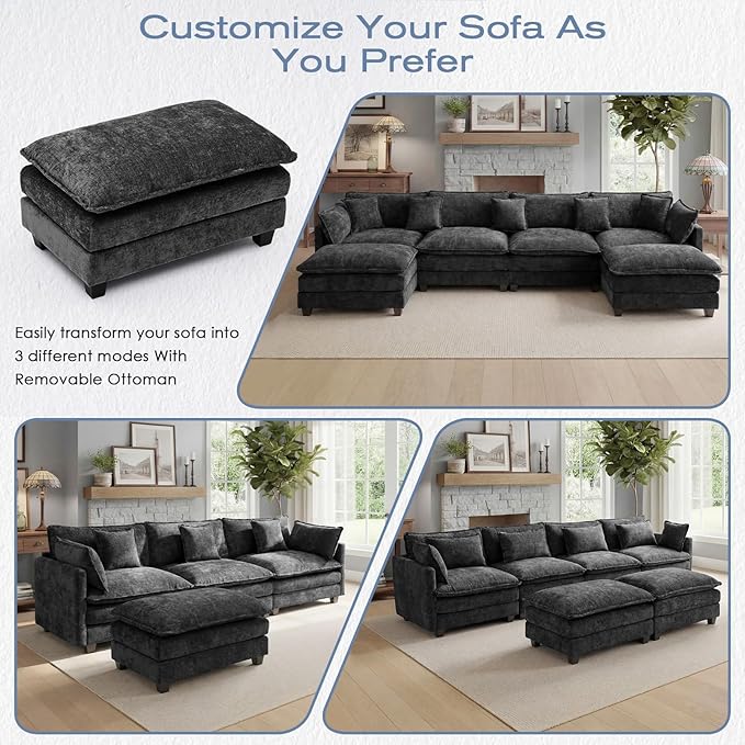 113.4 L-Shaped Modular Sectional Sofa with Ottoman Comfy Cloud Couch with Deep Seat (23.6 D) Solid Wood FrameBeige/Gray/Blue/Black for Living Room Small Apartment (Black 3 Seat)