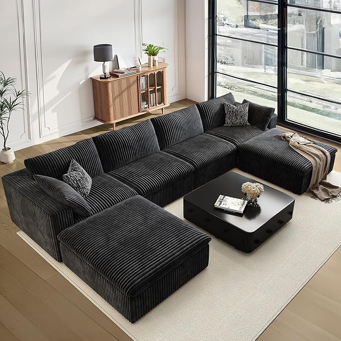157.6 Cloud Couch Oversized Modular Sectional Sofa Boneless U-Shaped 6 Seater Deep Seat Couch with Ottoman Soft Corduroy Upholstery DIY Combination for Living Room No Assembly Required Black