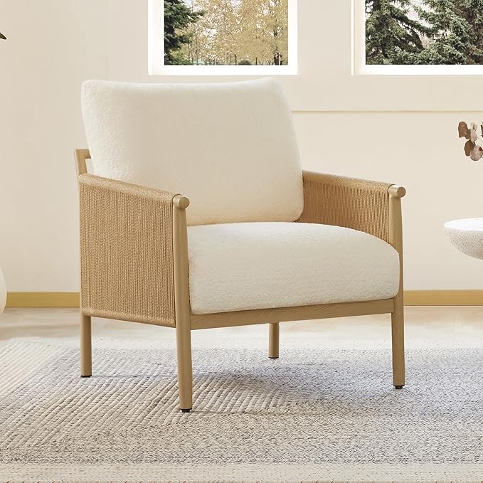 CHITA Braid Accent Chairs Modern Armchair with Wood-Like Finish Metal Frame for Living Room and Bedroom Boho Reading Chair Cream