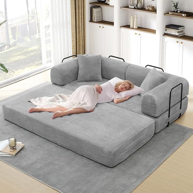 Convertible Folding Sofa Bed Corduroy Sleeper Mattress Couch with Fixed-Shape Frame Free Combination Loveseat Lounge Floor Sofa Queen Size Memory Foam Couch for Living Room Bedroom Light Grey