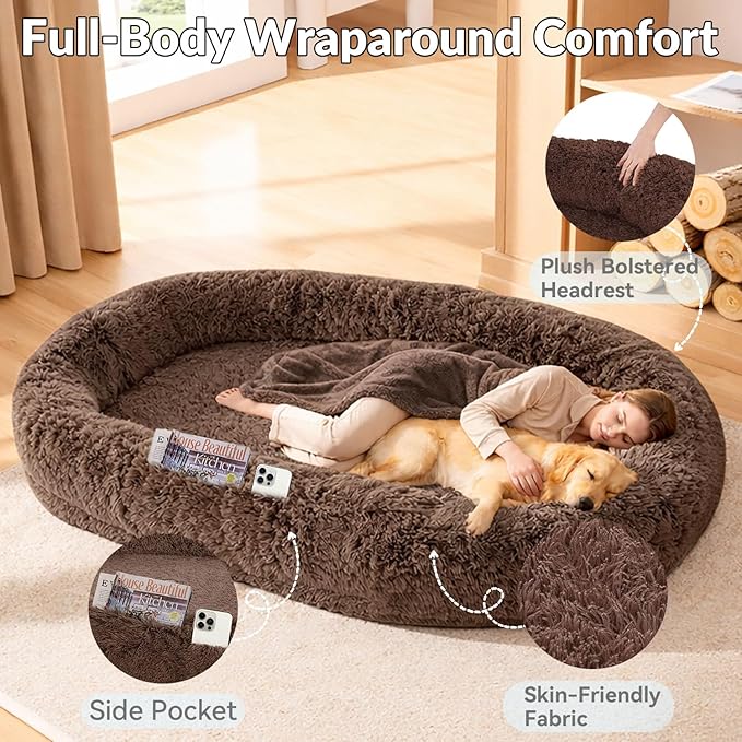 71x44x12.5 Human Dog Bed for Adult Faux Fur Washable Human Dog Bed Portable Handle Egg Orthopedic Foam Human Bed Extra Large with Present Blanket Brown