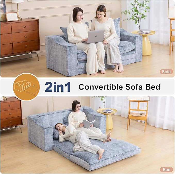 Loveseat Oversized Folding Sofa Bed Convertible Sleeper Chair Bed with Pillows &amp Wide Armrest Comfortable Floor Couch for Living Room &amp Bedroom(Fur Grey) | Foldable