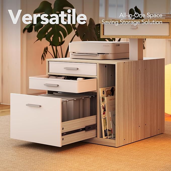 HUANUO Electric L Shaped Standing Desk with File Cabinet 63 x 55 Height Adjustable Sit Stand up Desk with LED Strip Power Outrlets &amp Cable Management Tray Corner Computer Table Light Walnut