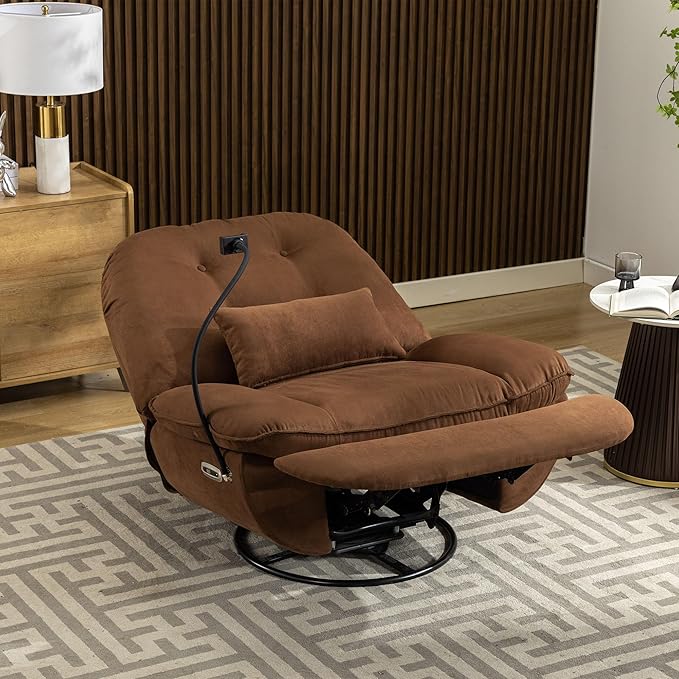 Oversized Electric Recliner Chair 360 Swivel Rocking Glider Rocker for Adults Modern Ergonomic Lounge for Living Room Phone Stand&amp Smart Voice Control Theater Seating (Brown Fabric)