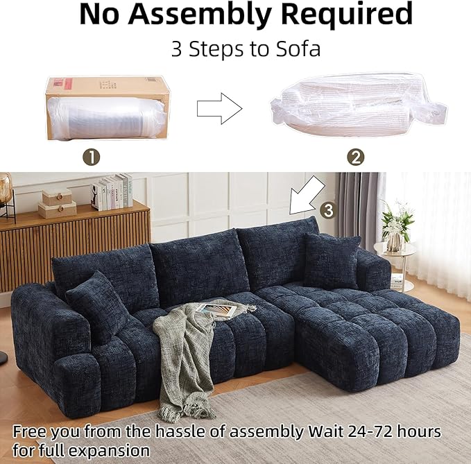 110 Inch Cloud Sectional CouchModern Upholstered Sofa with Deep SeatChenille Boneless Couches with L-Shape ChaiseSponge Compressed Couches for Living Room (Dark Blue Right Facing Chaise)
