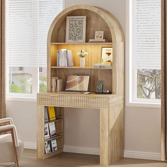 Arched Writing Desk with Hutch Home Office Desk with 2 Fluted Drawers Secretary Desk with Outlets LED Lights Bookshelves Wood Computer Desk for Small Space Bedroom 35.4W x 70.8H (Oak)
