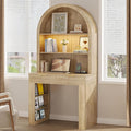 Arched Writing Desk with Hutch Home Office Desk with 2 Fluted Drawers Secretary Desk with Outlets LED Lights Bookshelves Wood Computer Desk for Small Space Bedroom 35.4W x 70.8H (Oak)