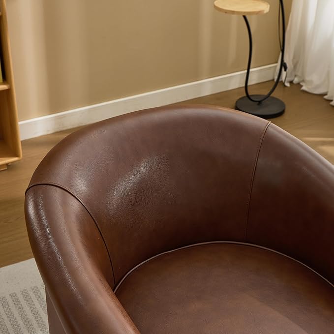 Genuine Leather Seat Swivel Barrel Chair Accent Chair with PVC Exterio &amp Wood Base - Upholstered Lounge Chair for Living Room Home Office Bedroom (Brown)
