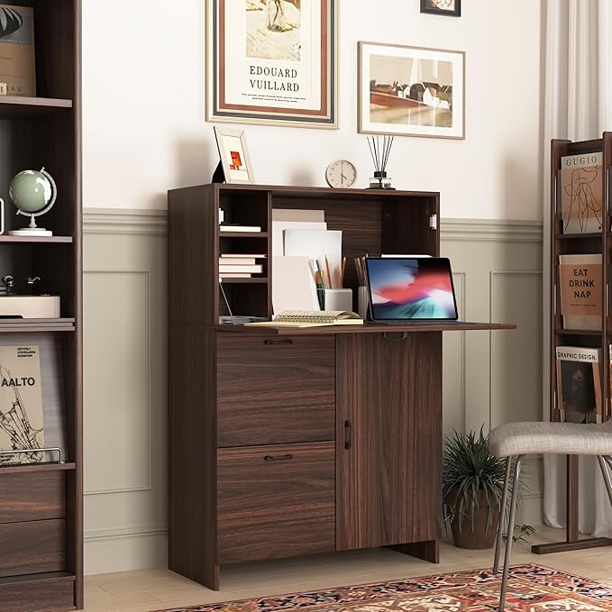 Folding Desk Cabinet with Storage Drawer &amp Shelves - Multi-Functional Space-Saving Organizer for Home Office Kitchen Dormitory - Ideal as Computer Desk Writing Station or Vanity Table
