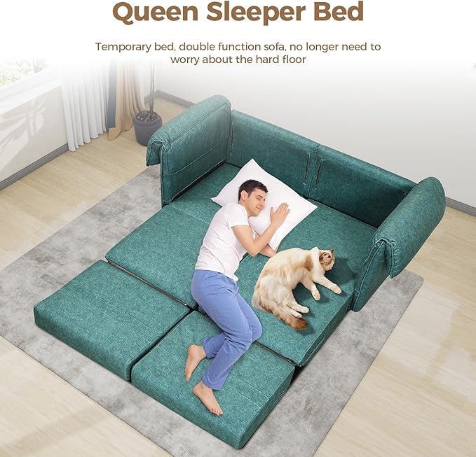 FHFO Convertible Couch Bed Queen 65 Loveset Small Couch for Small Spaces 3 in 1 Pull Out Sofa Bed Convertible Sleeper Sofa Comfy Sofabed for Living Room Bedroom Apartment (Green)
